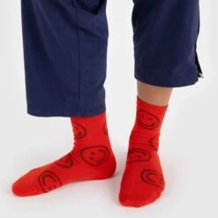 Red Happy Face Crew Socks -Baggu Lifestyle Cheap Store person wearing red happy face crew socks